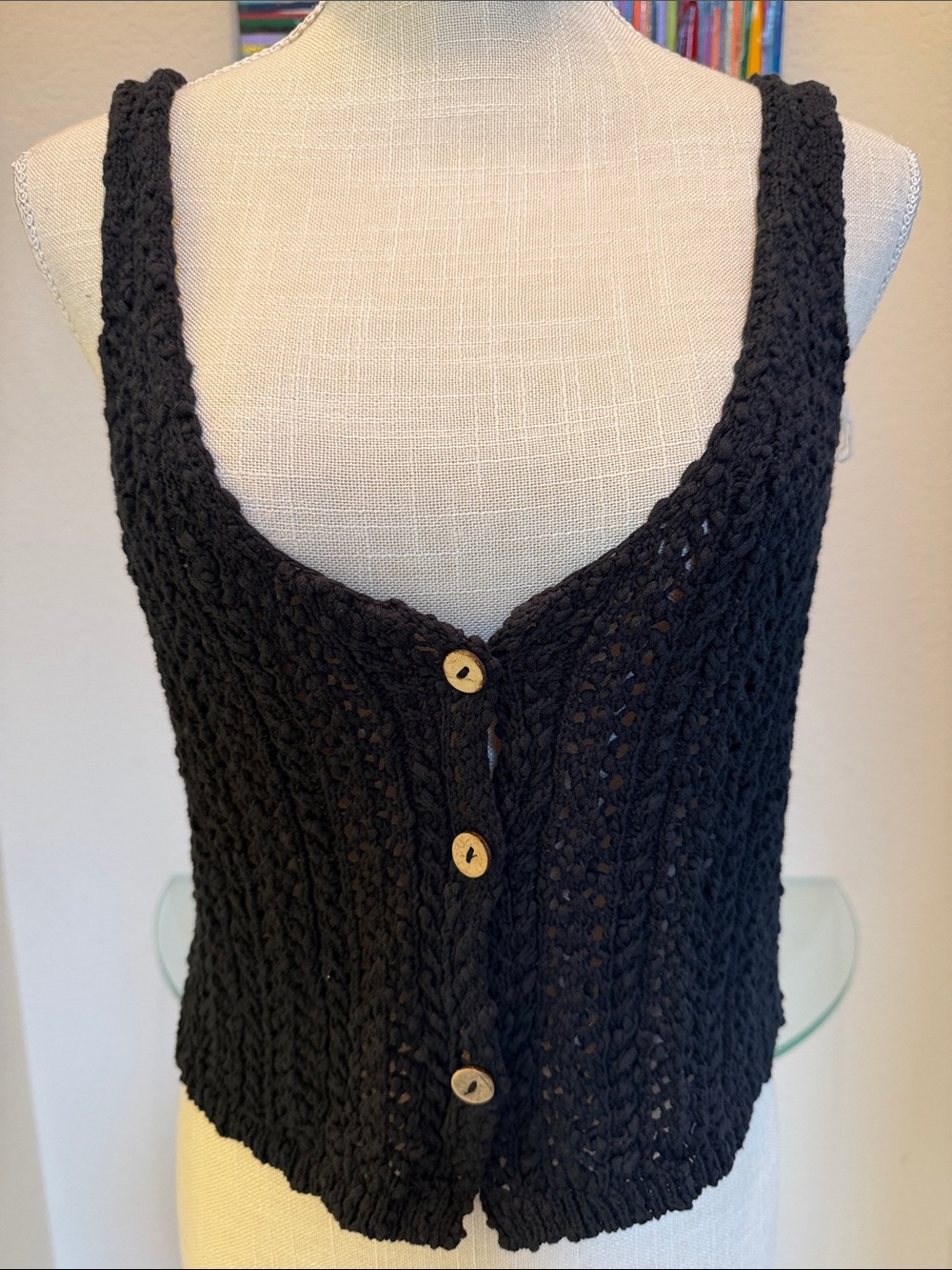 Free People Black Crocheted Button Front Crop Tank